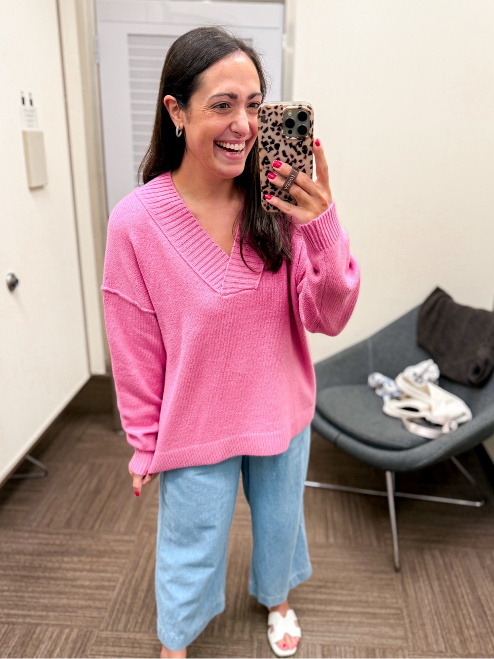Treasure & Bond Bright Pink V-Neck Oversized Sweater